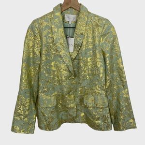Anya Maj Green + Metallic Gold Floral Silk Blazer NWT Small